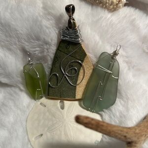 Set of Three Genuine Sea Glass Pendants with One Silver Chain